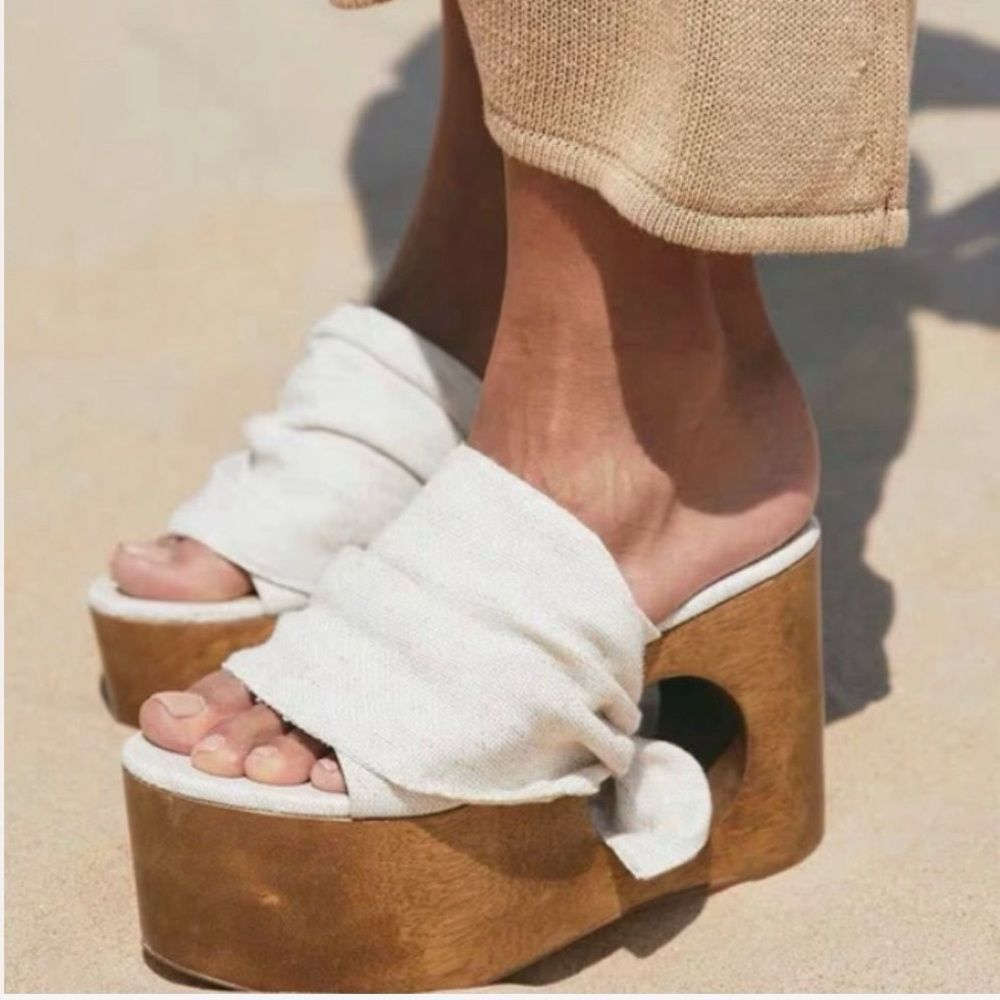 cult gaia Cream Fabric and Wood Platform Wedge Sandals